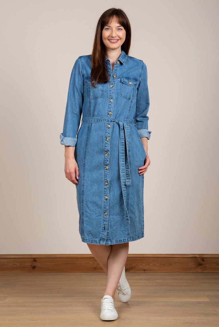 Blue belted midi denim clearance dress