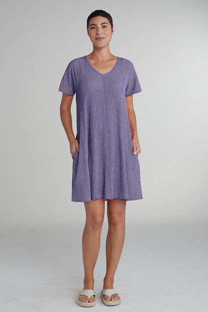 V-Neck Crinkle Check Swing Dress