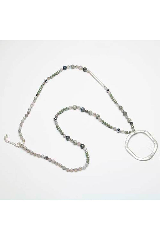 Long Bead & Crystal Ring Pendant Necklace