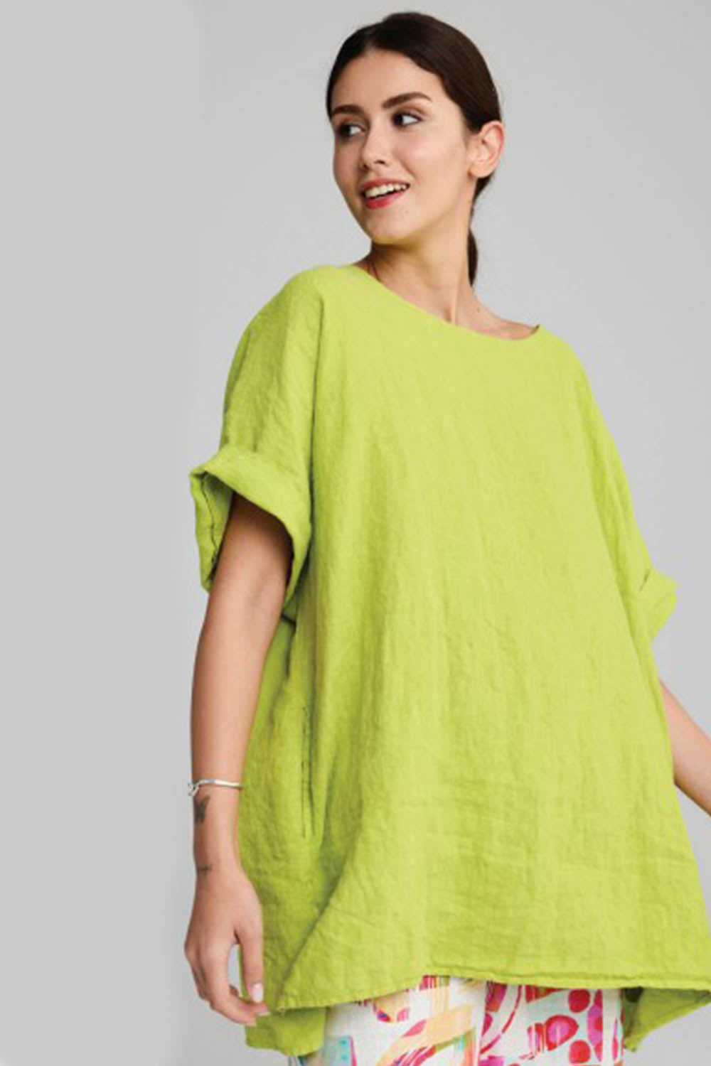 Vivid Button Back Woven Linen Tunic