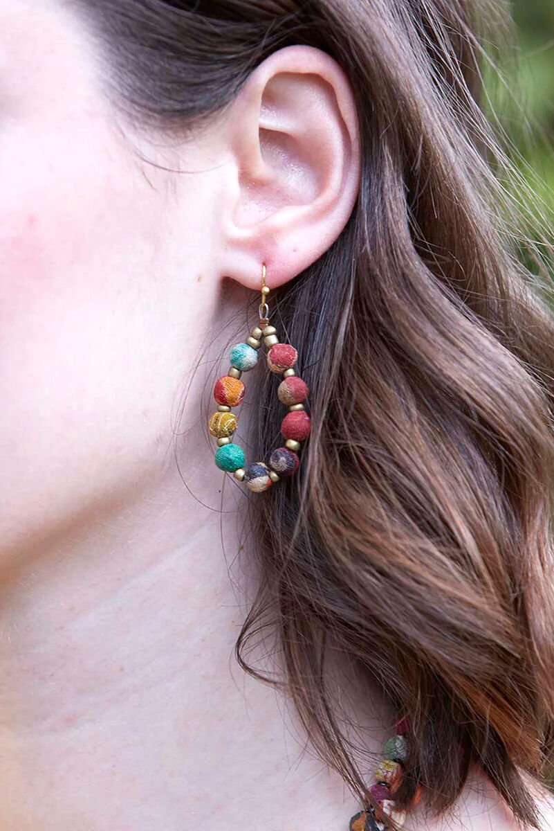 Just Trade Kantha Teardrop Beaded Earrings