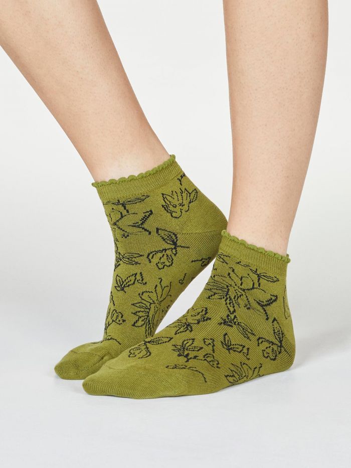 Thought Gollie Floral Socks Olive