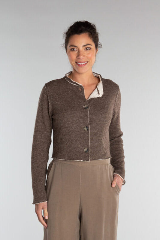 Cut Loose Wool Collarless Crop Cardi Saddle Brown