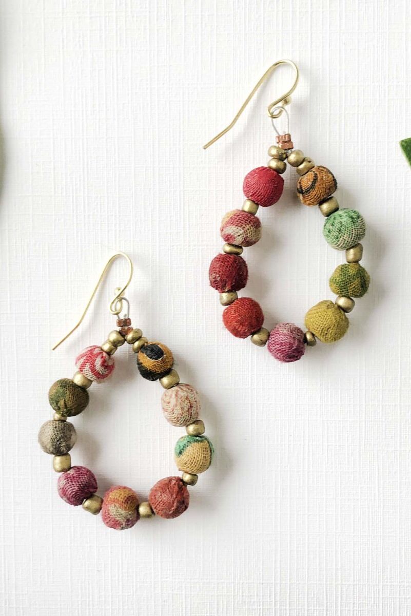 Just Trade Kantha Teardrop Beaded Earrings