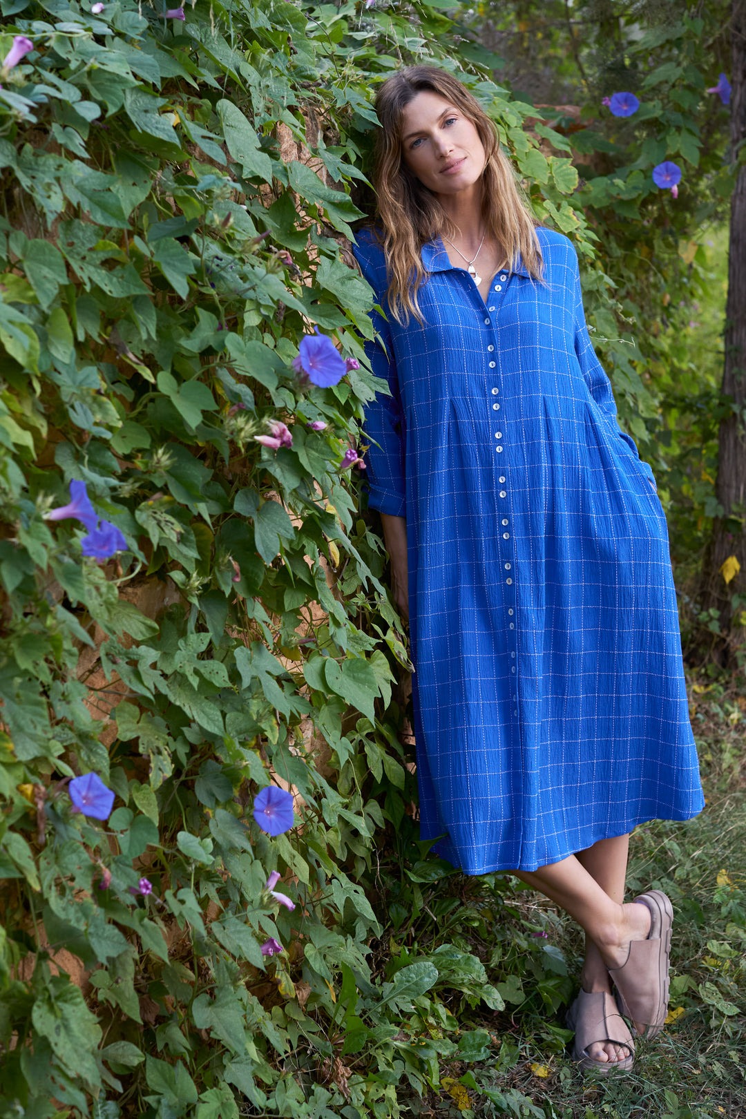 Stitched Grid Check Shirt Dress