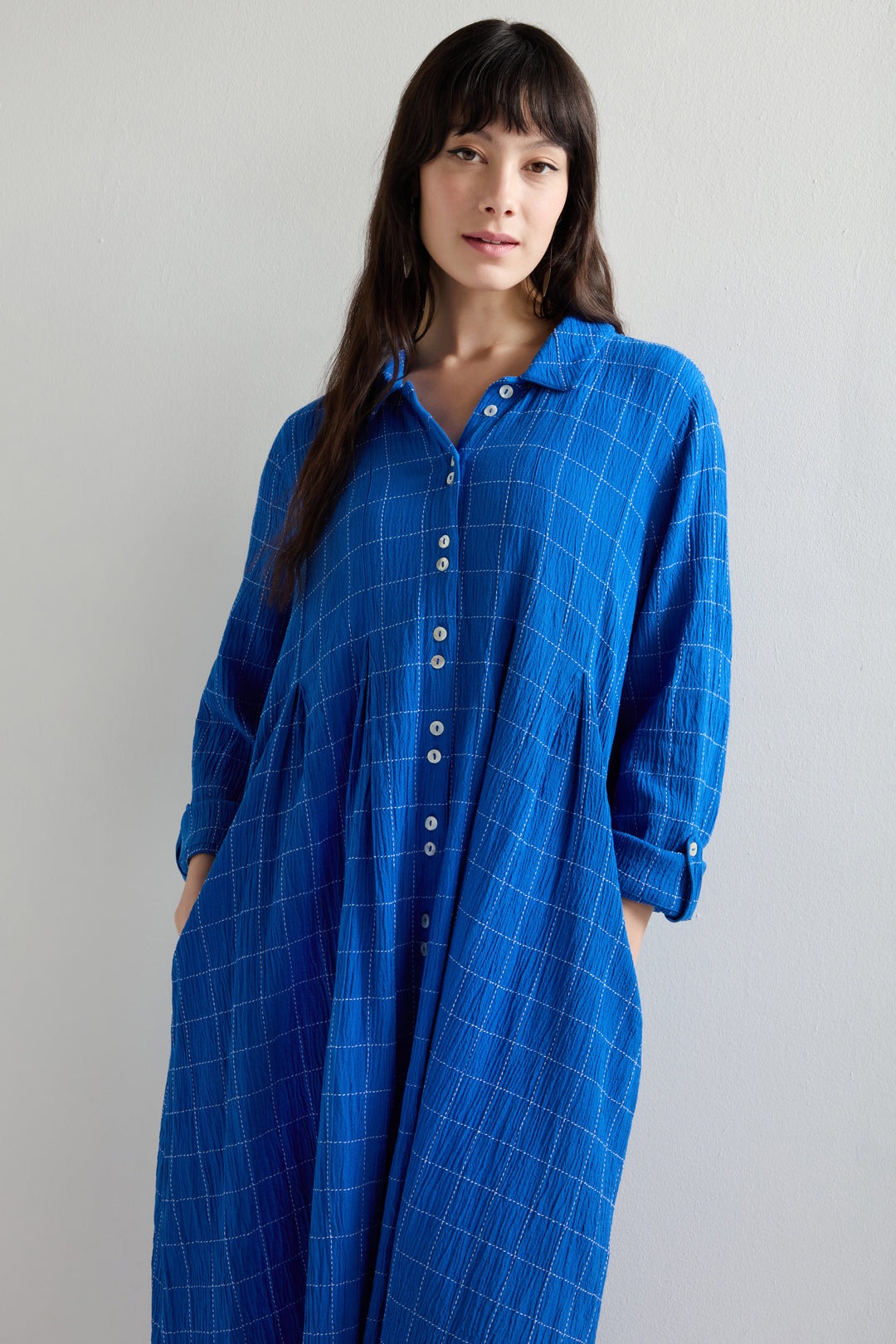 Stitched Grid Check Shirt Dress