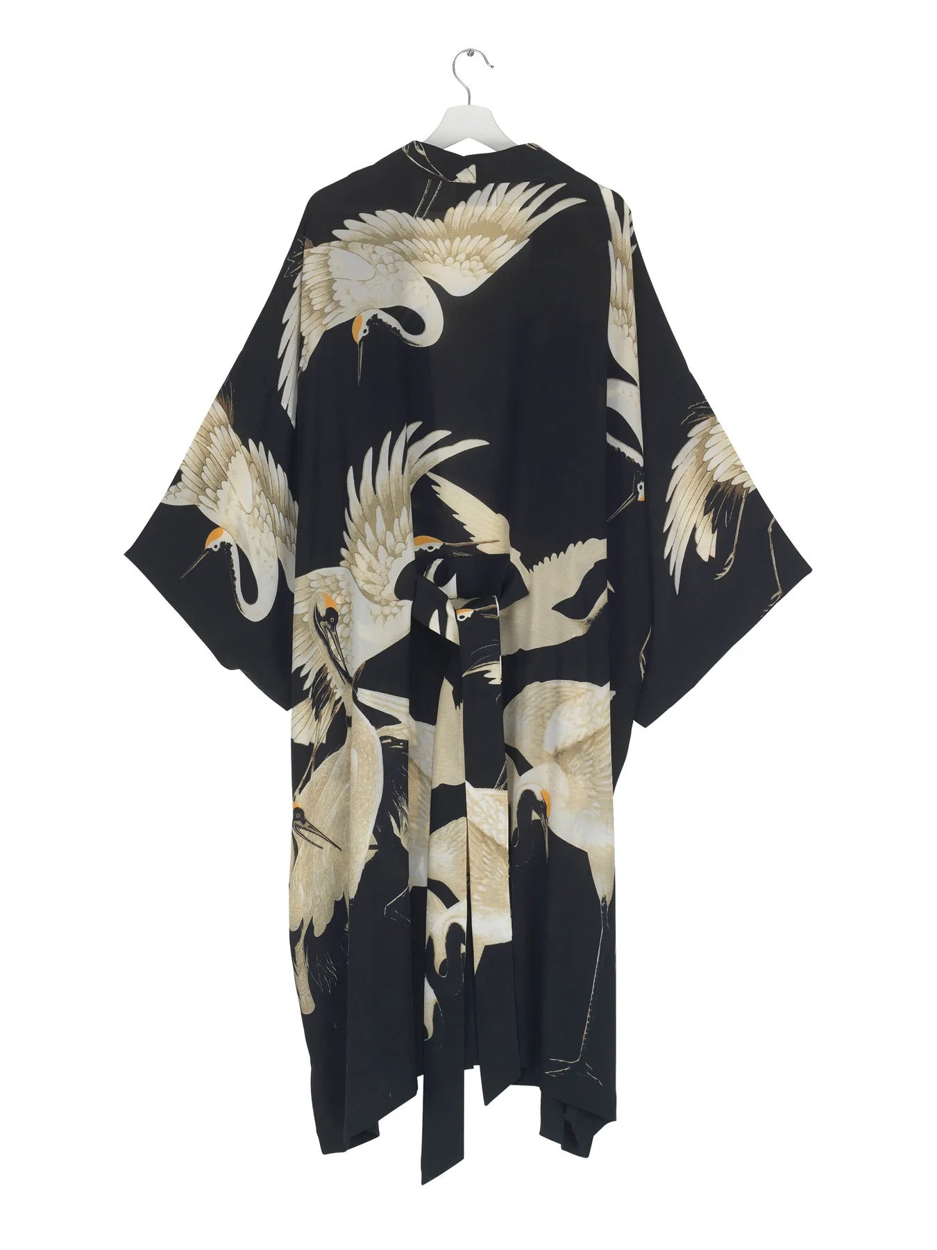 One Hundred Stars Crepe Stork Long Kimono Black