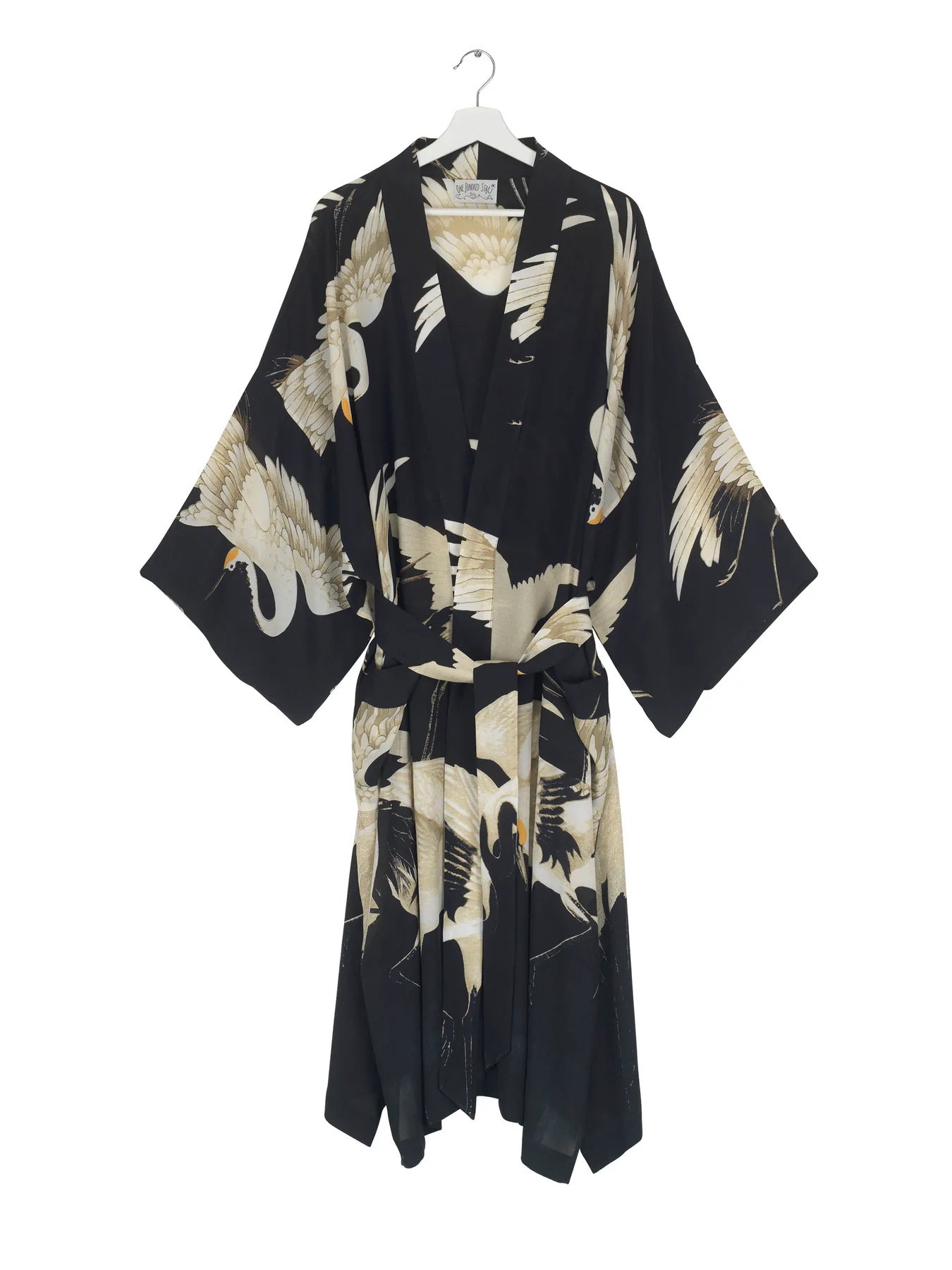 One Hundred Stars Crepe Stork Long Kimono Black