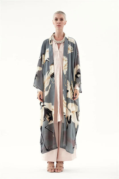 One Hundred Stars Crepe Stork Long Kimono Slate